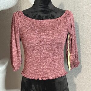 Me & U Smocked Square Neck Top Medium Mauve Puff Sleeve Y2K Cottagecore Stretch